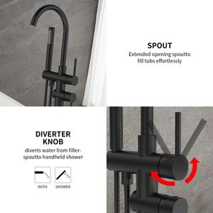Rubinetto doccia a pavimento nero opaco ad alta portata con finitura spazzolata, miscelatore per vasca da bagno, soffione doccia autoportante - Product Image 3