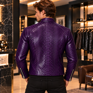 <b>Men</b>’s Royal Blue Snake Embossed Genuine Leather <b>Biker</b> <b>Jacket</b> Giacca in Uomo Moto Custom OEM Wholesale Supplier - Product Image 4
