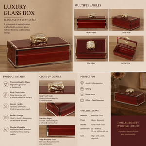 Burgundy Glass Jewelry Storage <b>Box</b> with Gold Finish Natural Stone Knob Glossy Finish Decorative Keepsake and <b>Vanity</b> Organizer - Product Image 2