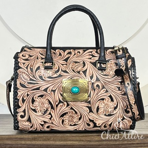 Sac de voyage Speedy en cuir de vachette fait main avec concho en pierre turquoise, design western, sac à main de voyage personnalisé pour femme - Product Image 1