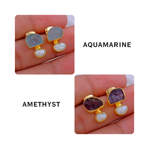 Boucles d'oreilles tendance pour femme, en laiton plaqué or, faites à la main, avec améthyste brute, perle et pierre de naissance de février, vente en gros - Product Image 2