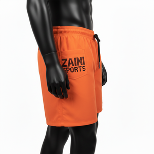 Pantalones cortos premium de nailon de secado rápido de 220 GSM para hombre, color naranja brillante, con logotipo de diamantes de imitación termotransferibles y parche personalizado. - Product Image 5