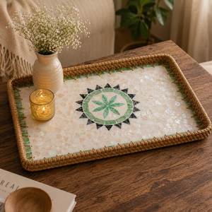 Plateau décoratif bohème en rotin, rond, en fibres végétales, mosaïque florale, multifonctionnel, ensemble d'accessoires pour table basse - Product Image 1