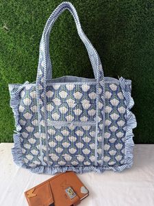 Premium Handmade Quilted Cotton Frill Tote Bag Floral Print Spacious Shoulder Carry Market Grocery Travel Bag - Product Image 5