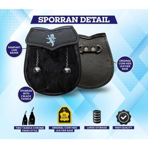Pochette de kilt écossais Sporran en cuir véritable noir de qualité supérieure avec emblème celtique, double clochettes et sangle à chaîne – Accessoire traditionnel des Highlands - Product Image 2
