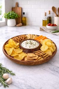 Plateau de service rond en bois avec bol à sauce, plateau de fête pour fromages, craquelins, fruits et noix, design minimaliste, bois d'acacia durable - Product Image 6