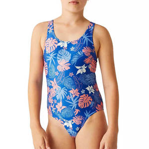Maillot de bain une pièce pour filles, imprimé floral, bleu, extensible, en spandex et polyester, coupe classique, tricoté, imprimé numérique, col rond - Product Image 3
