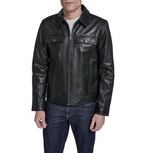 <b>Men</b>’s Genuine Leather <b>Trucker</b> <b>Jacket</b>, Classic Button Front Leather <b>Jacket</b> with Shirt Collar, Casual Vintage Workwear Outerwear - Product Image 1