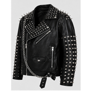 Blouson Biker Clouté pour Homme en Cuir Noir Respirant, Style Punk avec Chaînes et Ferrures Argentées, Design Gothique Motard Patchwork - Product Image 1
