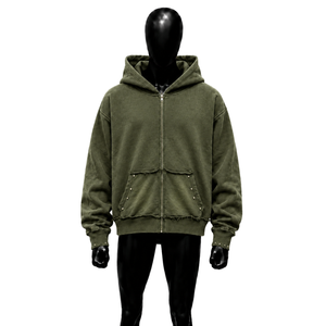 Olive Oversized Zip Up Hoodie Vintage Washed Heavyweight Cotton Streetwear Unisex Relaxed Fit Casual Distressed Pocket Design - Product Image 1