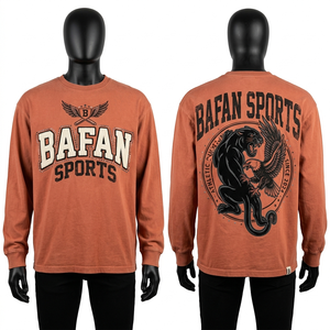 เสื้อยืดแขนยาวผ้าฝ้ายคุณภาพสูง 190 GSM สีสนิม พิมพ์ลายโลโก้ เสื้อยืดผ้าฝ้าย 100% สำหรับผู้ชาย ทรงหลวม พิมพ์ลาย - Product Image 1