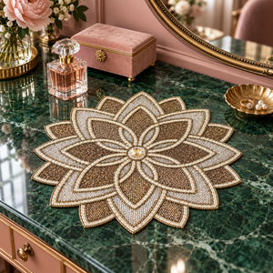 Salvamanteles de cristal con cuentas de loto color marfil y detalles de pétalos metálicos |   Mantel de Mesa de Comedor Moderno, Ecológico, Resistente al Calor y de Lujo - Product Image 4