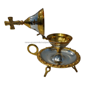 Luxury Brass Incense Burner with Tray <b>Decorative</b> Cross Top Church Censer Handmade Religious Incense Holder for Prayer <b>Decor</b> - Product Image 3