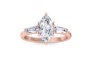 Anillo de compromiso de oro con tres diamantes de laboratorio de corte marquesa y piedras laterales de baguette, anillo nupcial de lujo - Product Image 2