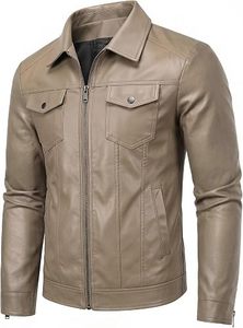 Veste en cuir PU pour homme, coupe slim décontractée, col rabattu, fermeture éclair, couleur unie, vêtement d'automne - Product Image 3