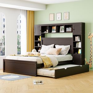 Letto matrimoniale in legno con armadio integrato, mensole e cassetti estraibili Twin XL, colore espresso - Product Image 2