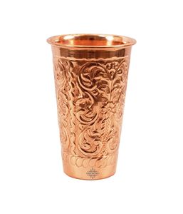 Vaso de Cobre Artesanal con Grabado Floral Tradicional, Taza Ayurvédica para Agua, para el Hogar, Comedor y Cocina - Product Image 1