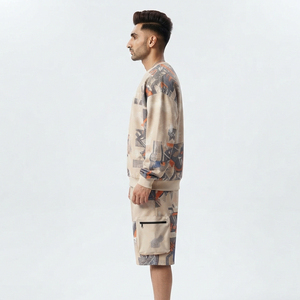 Ensemble de survêtement pour homme : short cargo en molleton 100 % polyester à col rond et manches longues, avec sweat-shirt à épaules tombantes - Product Image 3