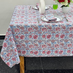 Handmade white floral <b>tablecloth</b> Pretty pink cotton design Block print cotton table cloth for Dining <b>Weddings</b> Special Occasions - Product Image 4