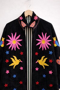 Bohemian Black Velvet Embroidered Long Suzani Jacket With Floral <b>Bird</b> Pattern Full Sleeve <b>Stand</b> Collar Women Autumn Outerwear - Product Image 2