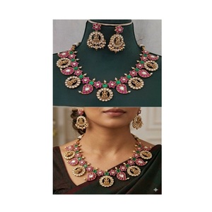 Elegante Juego de Collar y Pendientes Jadau de Latón Chapado en Oro de Primera Calidad, Estilo Antiguo, para Bodas, Compromisos, Aniversarios, Fiestas, Regalos - Product Image 1