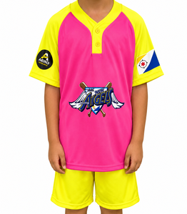 Ensemble de maillots de football américain personnalisables AERO pour garçons, jaune fluo et rose, col en V, manches courtes, polyester anti-humidité, color-block - Product Image 2