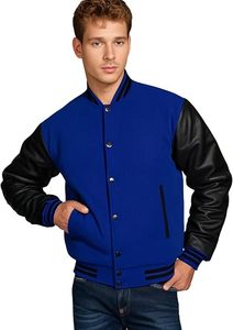 Veste de baseball bleue pour homme avec manches en cuir PU noir, coupe classique, boutons sur le devant, col rabattu, style décontracté, vêtement d'automne - Product Image 6