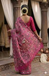 Sari de seda pura Bishnupuri con estampado tradicional para mujer, color rosa paisley, para usar en bodas y fiestas. - Product Image 2
