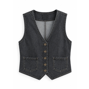 Gilet en jean court personnalisé pour femme avec poches poitrine, production en gros pour boutiques de mode indépendantes - Product Image 2