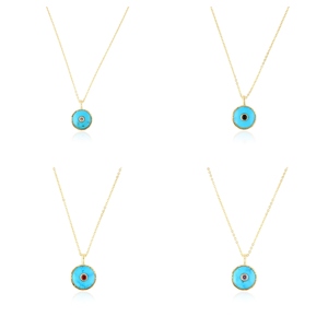 Luxury jewelry blue turquoise gemstone round pendant necklace 18k gold plated designer texture collet frame pendant necklace - Product Image 1