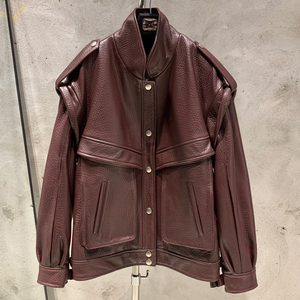 Women's Genuine Leather <b>Bomber</b> <b>Jacket</b> Stand Collar Full Sleeve Autumn Style Solid Color Button Closure Regular Length - Product Image 2