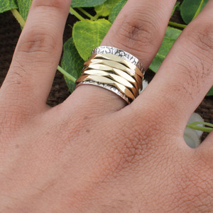 Wholesale 925 Sterling Silver Mixed Metal <b>Spinner</b> <b>Ring</b> Multi Layer Wavy Brass Bands Patterned Silver Base Anti Anxiety Party - Product Image 3