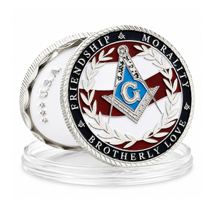 Moneda Conmemorativa Masónica Personalizada, Tono Plateado, Rojo, Blanco y Azul, Compás Cuadrado, Recuerdo de Logia Masónica, Chapado en Oro, Troquelado - Product Image 1