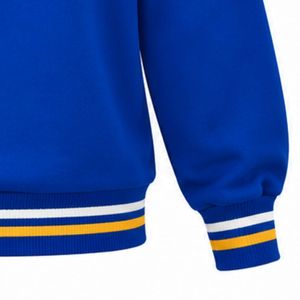 Royal Blue Greek Letter Crewneck Sweater with Gold Chest Graphic <b>White</b> Gold Striped Collar Cuffs Long Sleeve <b>Knit</b> Pullover Style - Product Image 5
