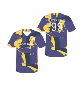 Maillot de baseball personnalisé pour homme, violet et jaune tie-dye, col en V, manches courtes, sublimation, polyester anti-humidité, nom et logo de l'équipe - Product Image 4