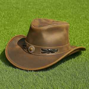 Hot selling Custom Handmade Brown Full Grain Leather Cowboy <b>Hat</b> Western Outback Style - Product Image 1