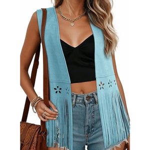 Chaqueta de cuero de gamuza estilo western para mujer, elegante abrigo bohemio con flecos, chaqueta de cuero de gamuza retro estilo vaquera. - Product Image 5