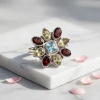 Bague Statement en Argent Sterling 925 avec Pierres Précieuses Multicolores, Design Floral Fait Main, Grenat, Citrine, Topaze Bleue, Vente en Gros de Bijoux