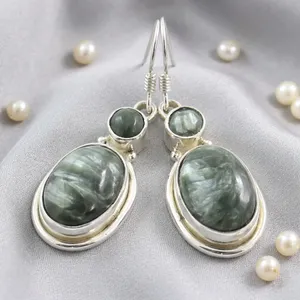 Boucles d'oreilles pendantes en argent sterling 925 avec séraphinite, pierre précieuse verte ovale sertie clos, bijoux faits à la main en pierre naturelle pour femmes, vente en gros - Product Image 2