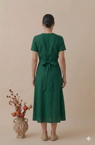 Robe Courte Femme Vintage en Lin Vert Naturel, Col Rond, Manches Courtes, Ample, à Nouer, Respirante, Couleur Unie, Idéale au Quotidien - Product Image 1