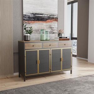 Buffet moderne à 4 portes de 48 po de large avec 3 tiroirs supérieurs, en bois massif, meuble de rangement autoportant pour entrée et salon - Product Image 1