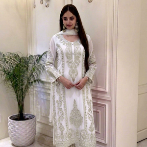 Traditional <b>White</b> Embroidered Salwar <b>Suit</b> For <b>Women</b> With Knee-Length Loose Fit For <b>Wedding</b> Wear From Samp Corporation - Product Image 5