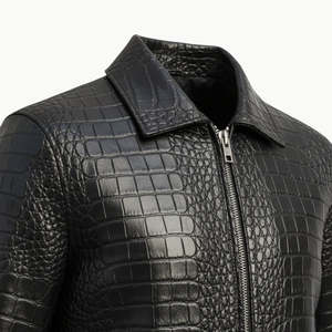 Veste moto en cuir PU noir pour homme, effet crocodile, col rabattu, fermeture éclair, coupe classique, style automne - Product Image 4