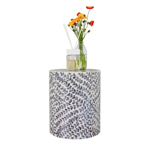 Taburete Redondo Hecho a Mano con Madreperla y Patrón de Hojas Azules, Mueble Otomano Contemporáneo para Sala de Estar - Product Image 5
