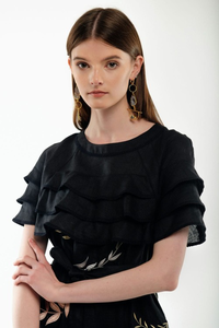 Bohemian <b>Black</b> Cotton Embroidered Midi Dress Women Ruffle Sleeve Floral Vintage Ethnic <b>Wrap</b> Style Dress - Product Image 4