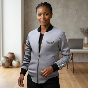 Men's Gray <b>Jacket</b> <b>With</b> Black Trim Embroidered Wings Logo Zipper Front Casual Fleece Outerwear Autumn Wear - Product Image 6