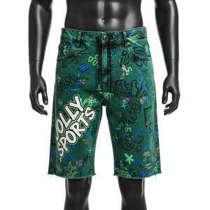 Shorts de Mezclilla Verde con Lavado Ácido Premium, Mezclilla Gruesa de Algodón, Estilo Urbano con Graffiti, Logotipo Personalizado con Serigrafía, Shorts de Hombre con Lavado Ácido - Product Image 1