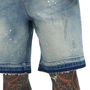 Shorts en jean bleu clair pour homme 100 % coton, cinq poches, coupe droite, décontracté, longueur genou, ourlet brut, effet éclaboussures, séchage rapide - Product Image 5