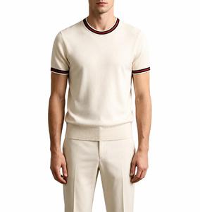 Camiseta de Punto de Manga Corta con Cuello Redondo para Hombre, Corte Regular, Color Sólido, Ribete en Contraste, Estilo Casual Elegante, Poliéster Antiarrugas, 320g - Product Image 1