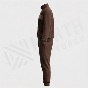 Survêtement marron pour homme, fermeture éclair intégrale, col montant, vêtements de sport décontractés avec poches latérales, mélange de polyester et de coton, vêtements d'automne - Product Image 3